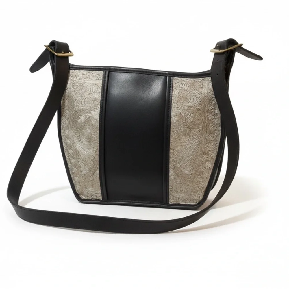 Vintage Albano Black Leather Brocade Crossbody Shoulder Bag Y2K